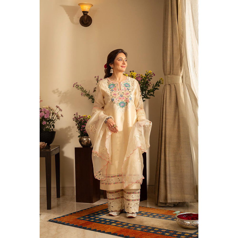 House of Inari Golchin Almond Ivory Embroidered Kurta with Pant and Dupatta