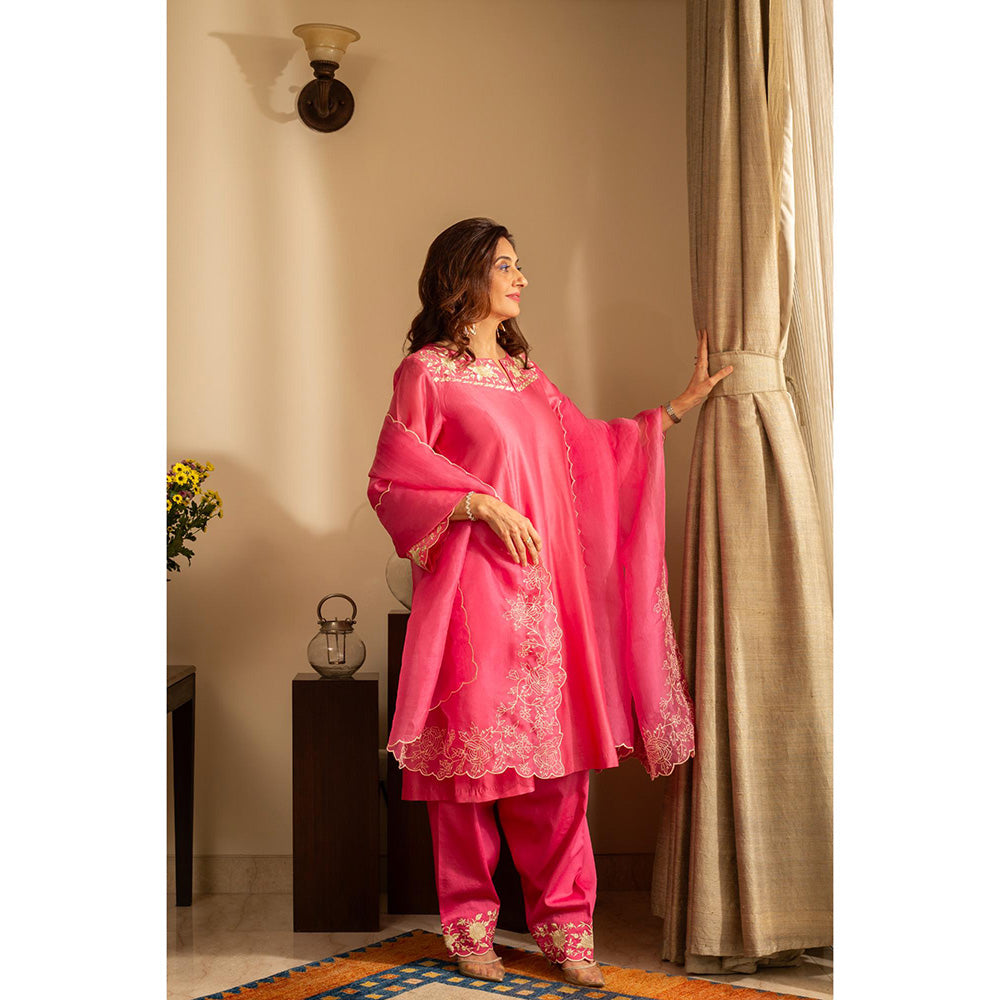 House of Inari Kaner Candy Pink Embroidered Kurta with Salwar and Dupatta