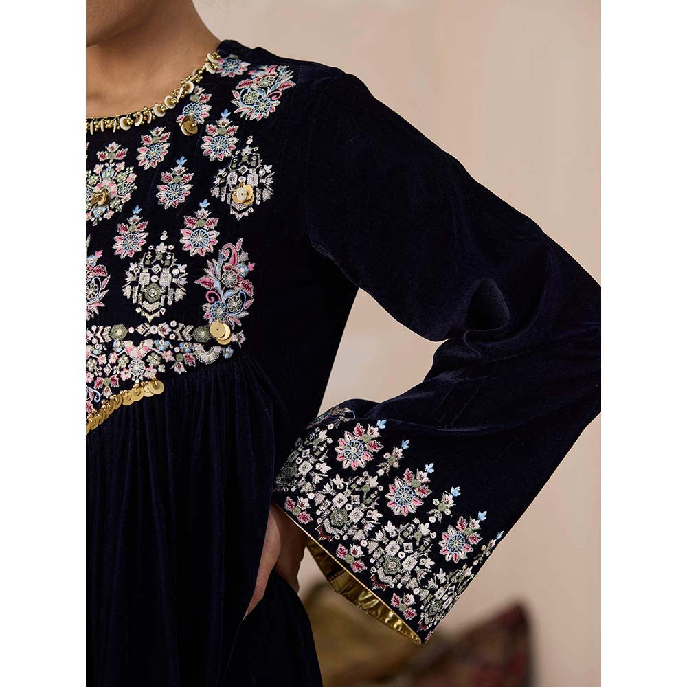 Inej Navy Blue Front Gather Kurta with Pant (Set of 2)