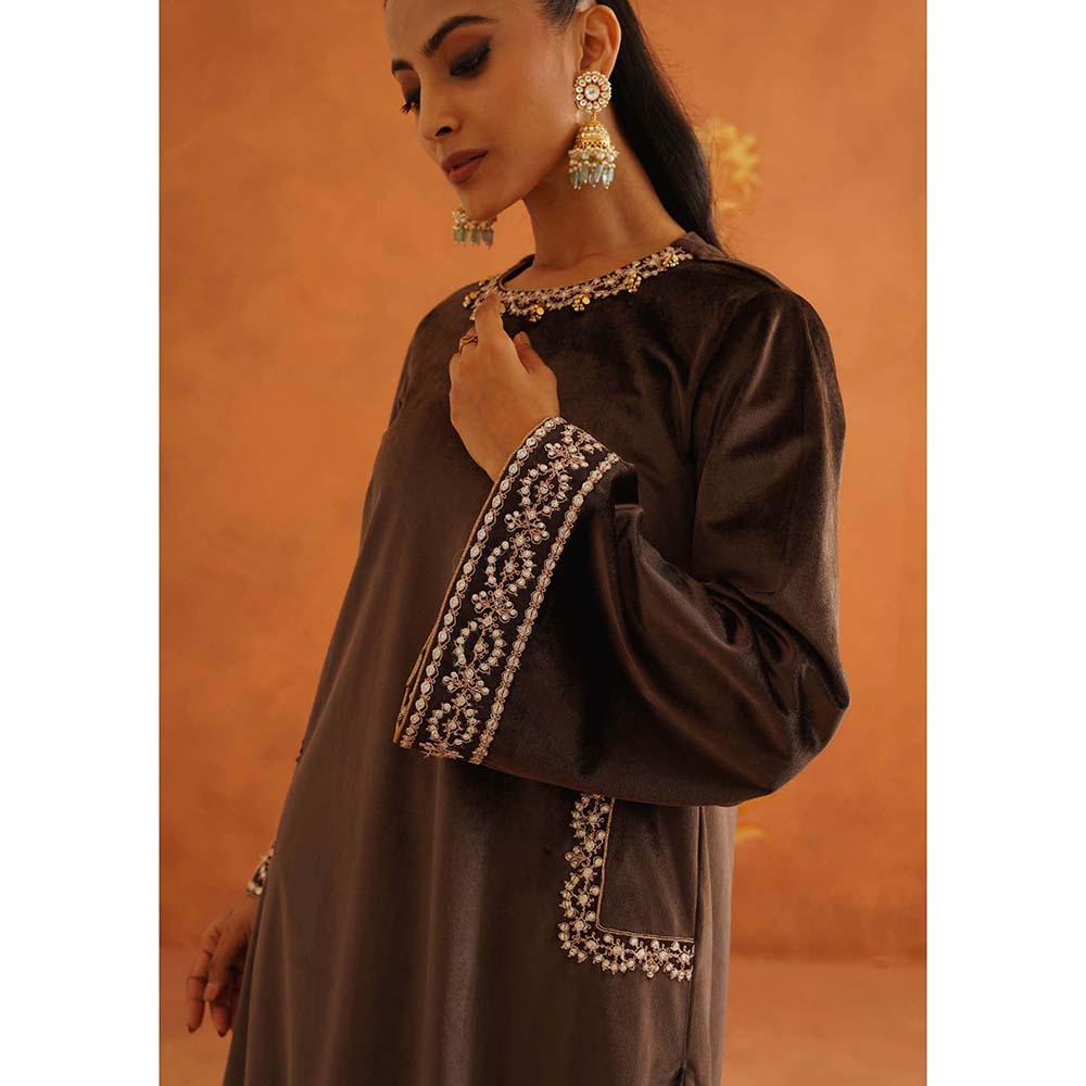 Inej Zeba Brown Straight Kurta with Palazzo and Dupatta (Set of 3)