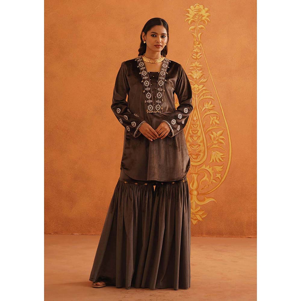 Inej Zec Brown Kali Kurta with Sharara and Dupatta (Set of 3)