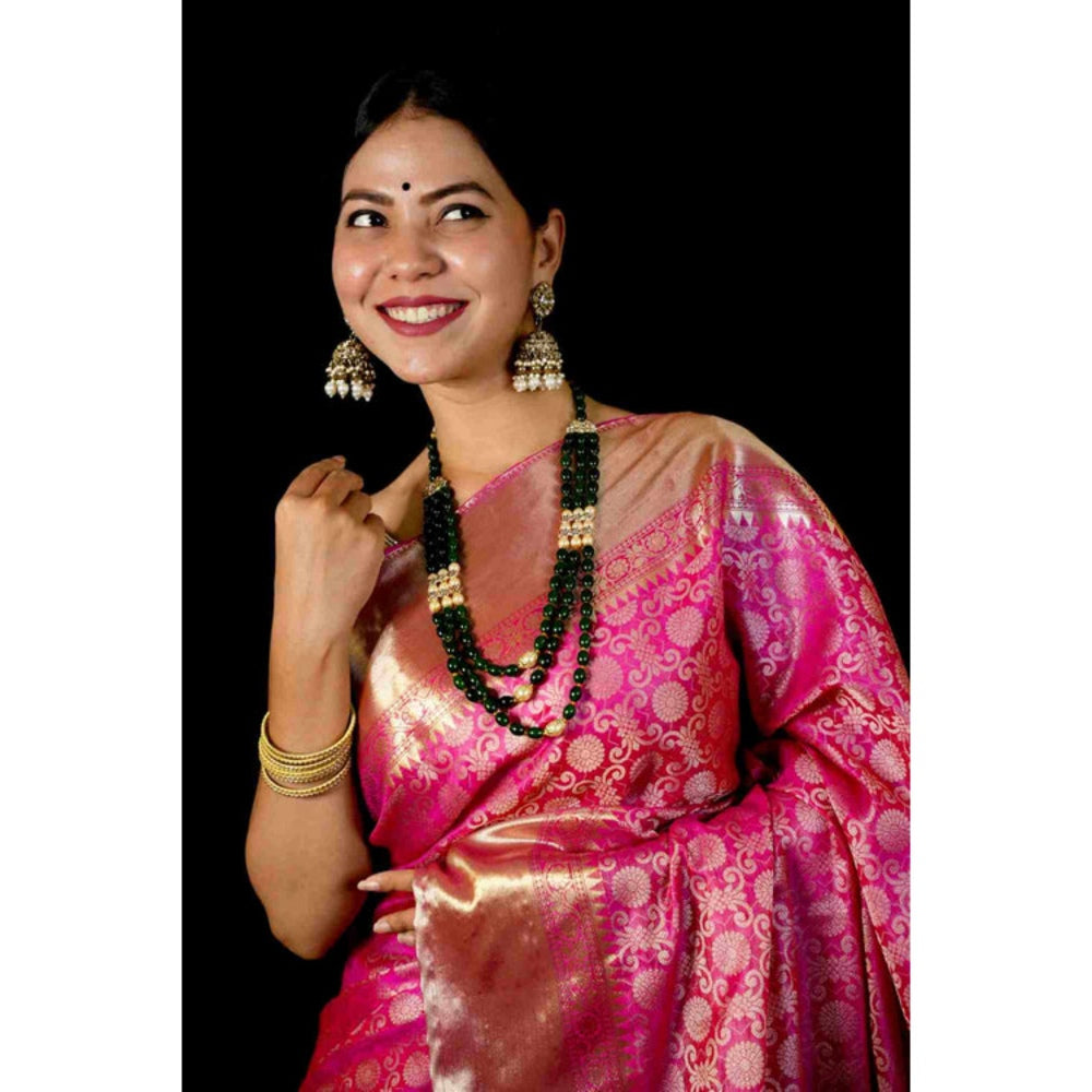 Isadora Life Womens Printed Pink Pre-Draped Saree With Unstitched Blouse