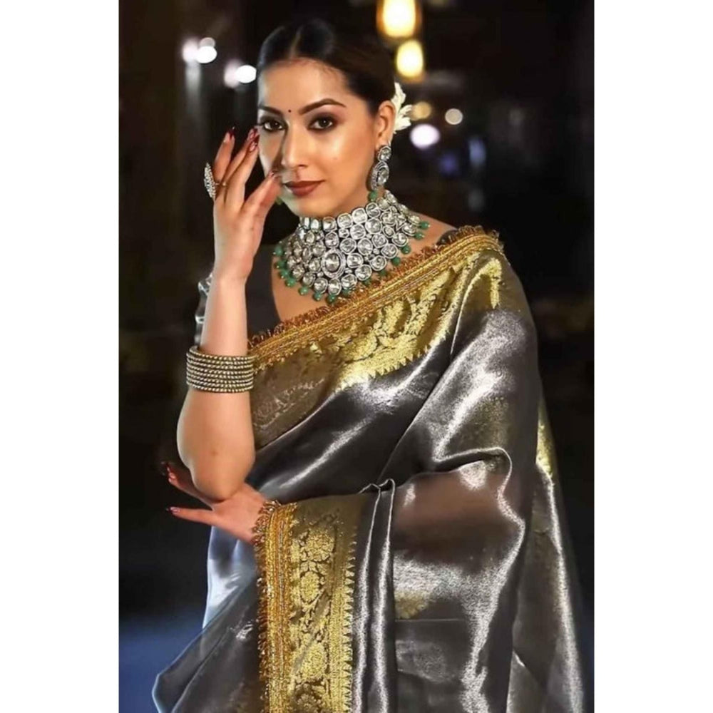 Isadora Life Womens Woven Embroidered Grey Pre-Draped Saree With Unstitched Blouse