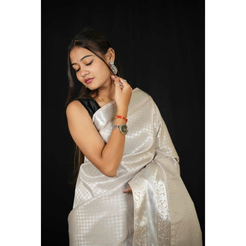 Isadora Life Womens Woven Zari White Pre-Draped Saree With Unstitched Blouse