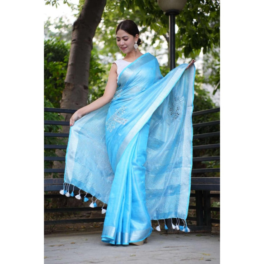 Isadora Life Womens Embroidered Mirror Work Blue Pre-Draped Saree With Unstitched Blouse