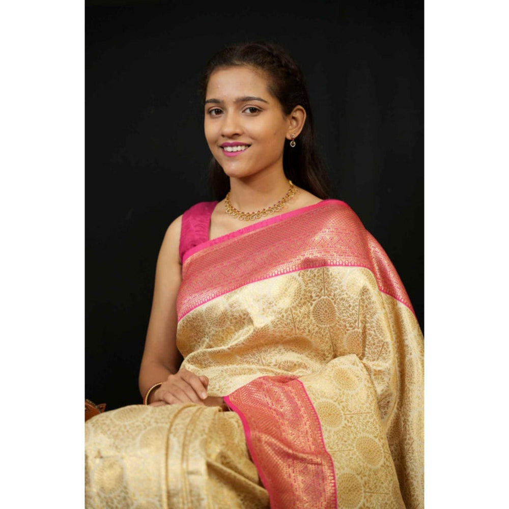 Isadora Life Womens Woven Zari Cream Pre-Draped Saree With Unstitched Blouse
