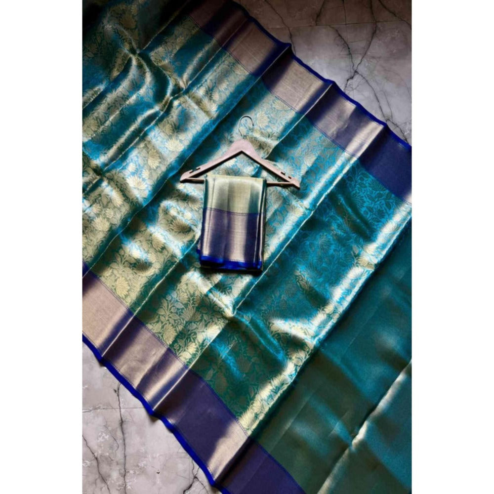 Isadora Life Womens Floral Zari Blue Pre-Draped Saree With Unstitched Blouse