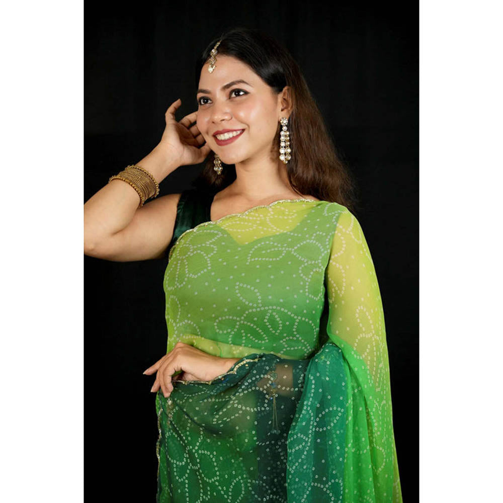 Isadora Life Womens Ombre Bandhani Green Pre-Draped Saree With Unstitched Blouse