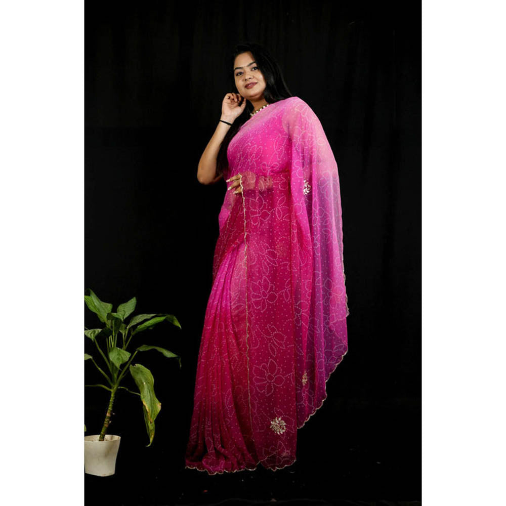 Isadora Life Womens Bandhani Printed Pink Pre-Draped Saree With Unstitched Blouse
