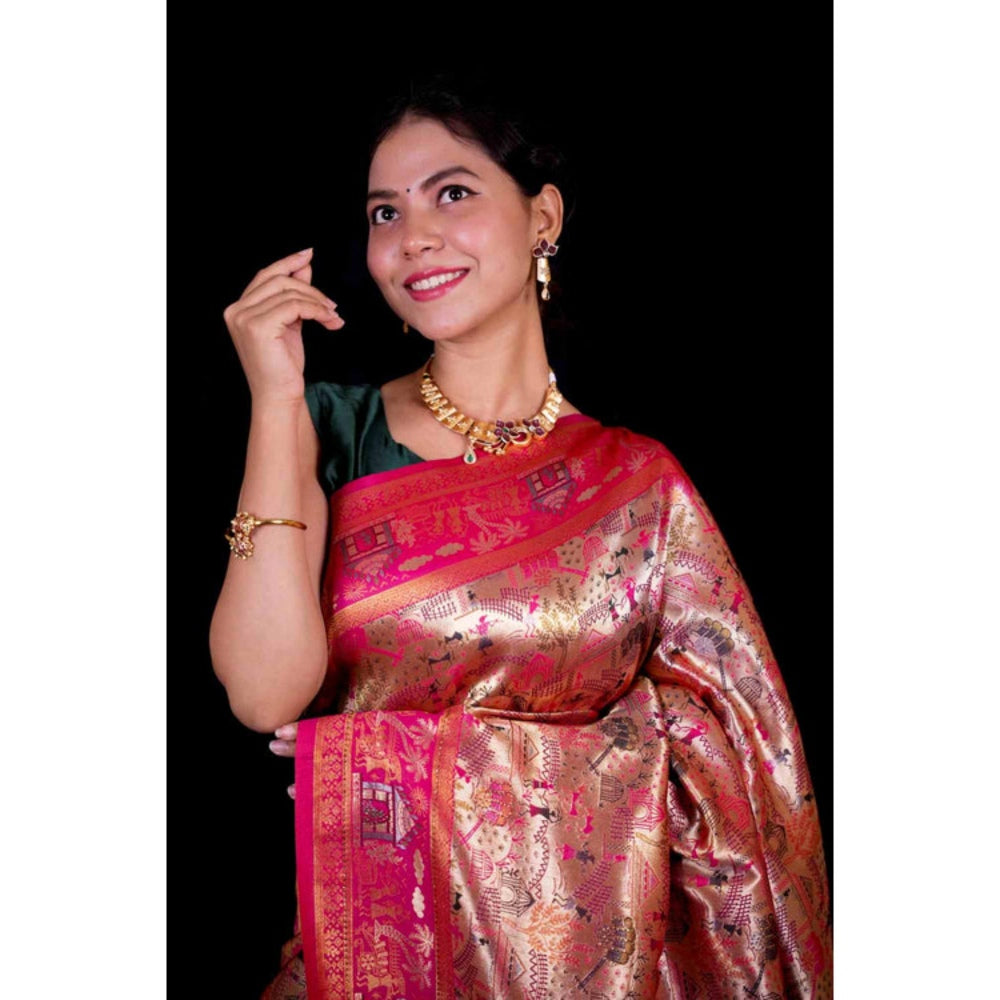 Isadora Life Womens Woven Zari Pink Pre-Draped Saree With Unstitched Blouse