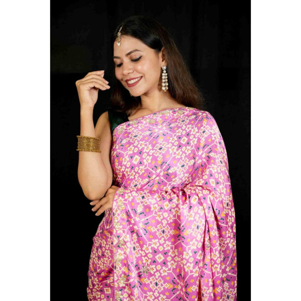 Isadora Life Womens Printed Embroidered Pink Pre-Draped Saree With Unstitched Blouse