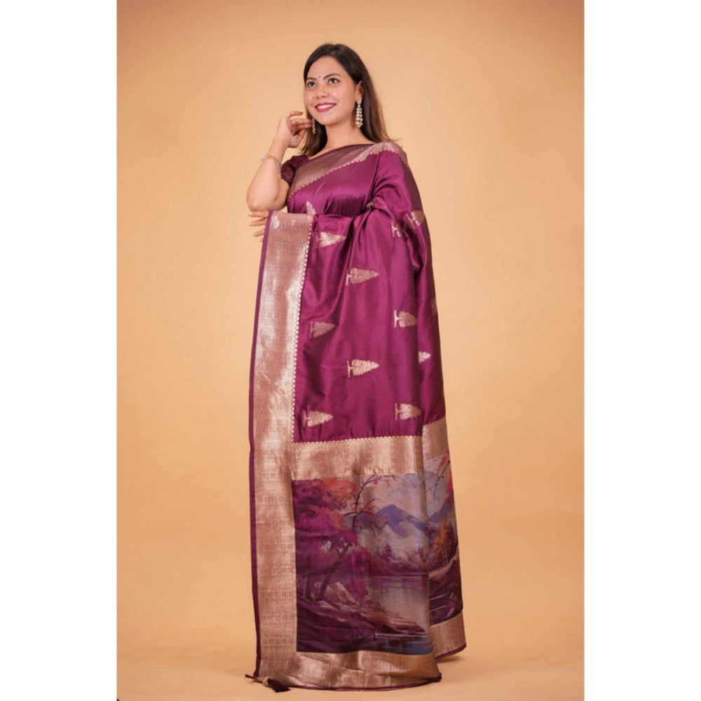 Isadora Life Womens Woven Zari Purple Pre-Draped Saree With Unstitched Blouse