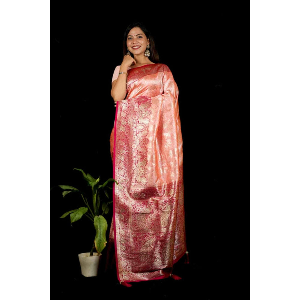 Isadora Life Womens Woven Tassels Coral Pre-Draped Saree With Unstitched Blouse