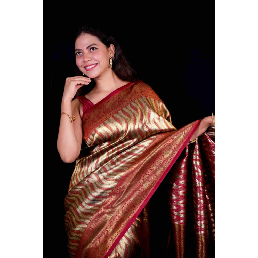 Isadora Life Womens Woven Zari Multi-Color Pre-Draped Saree With Unstitched Blouse