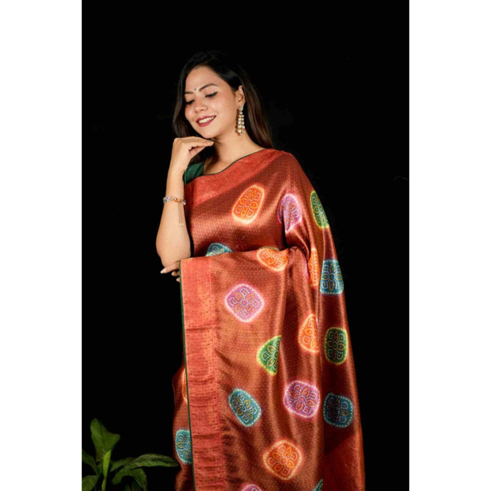 Isadora Life Womens Woven Zari Brown Pre-Draped Saree With Unstitched Blouse