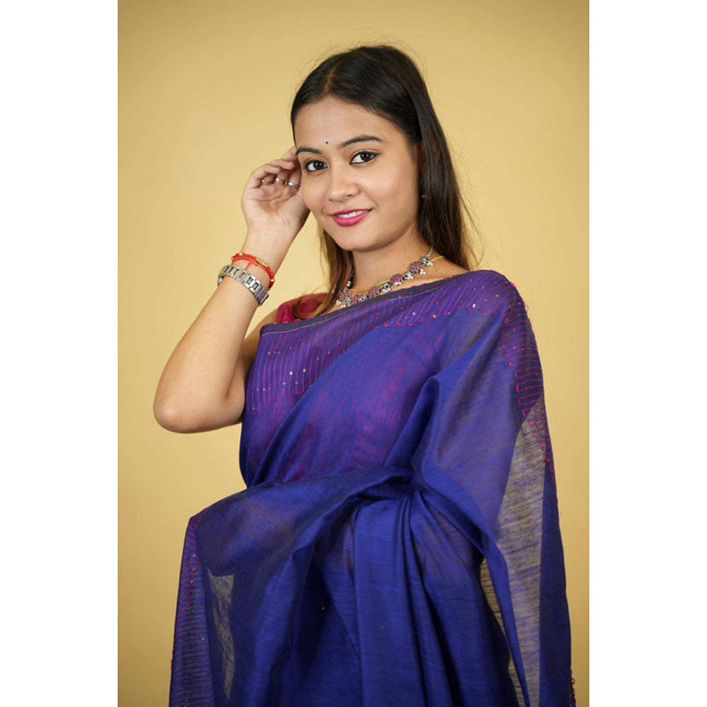 Isadora Life Womens Sequined Thread Work Blue Pre-Draped Saree With Unstitched Blouse