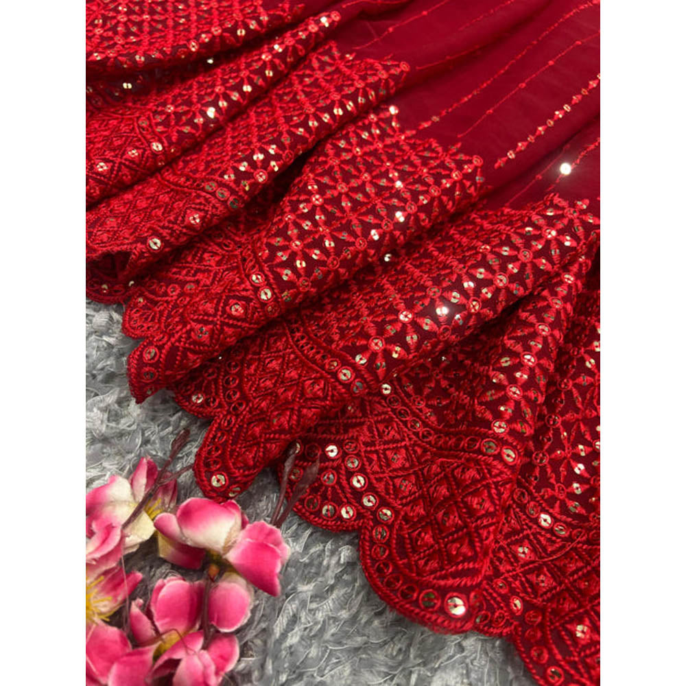 Isadora Life Womens Embroidered Sequined Red Pre-Draped Saree With Unstitched Blouse