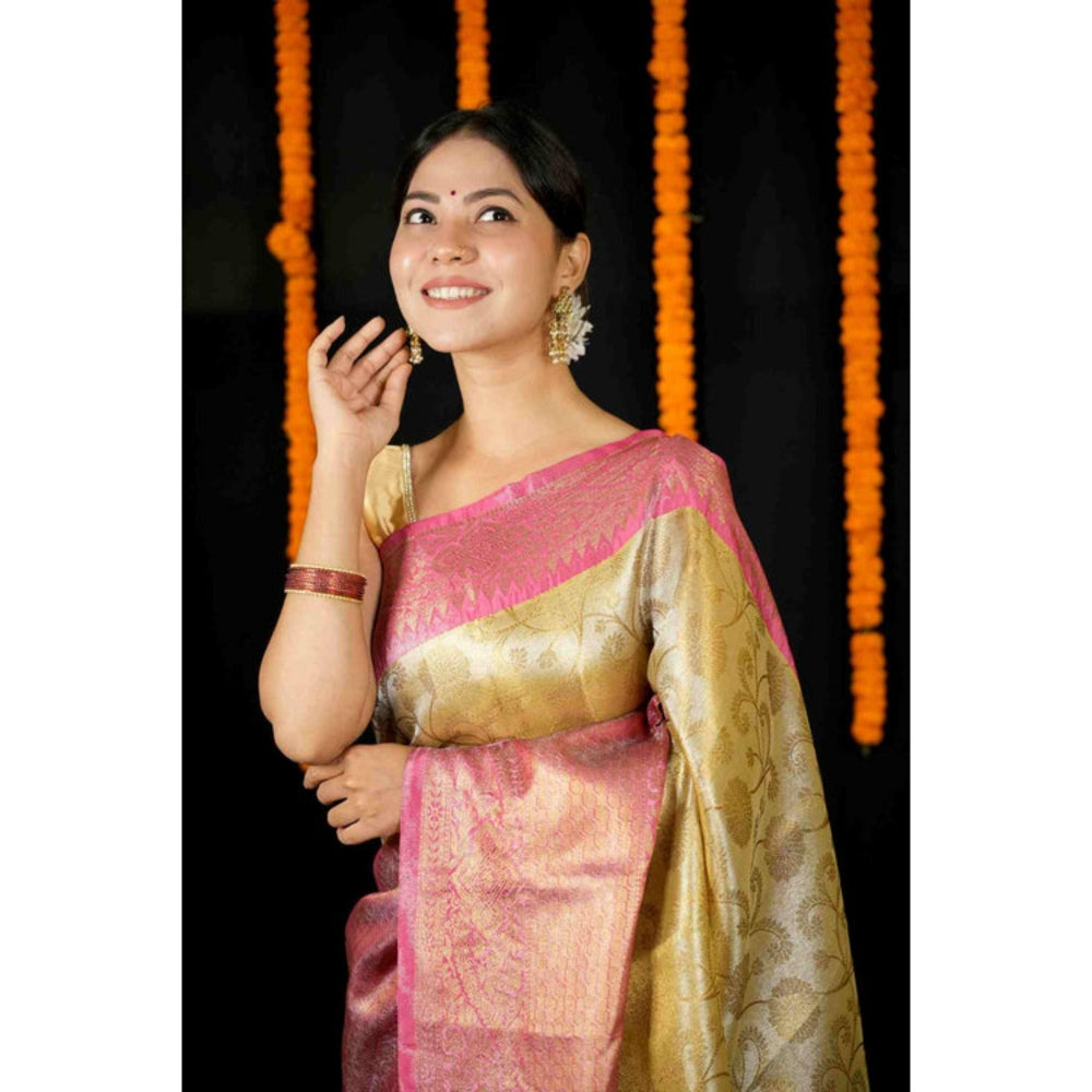 Isadora Life Womens Woven Zari Yellow Pre-Draped Saree With Unstitched Blouse