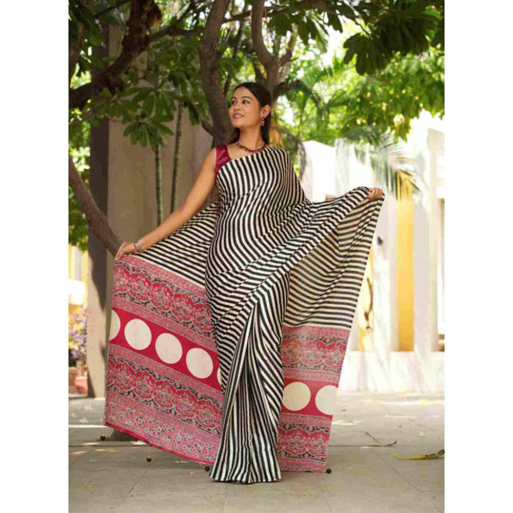Isadora Life Womens Printed Stripes Multi-Color Pre-Draped Saree With Unstitched Blouse