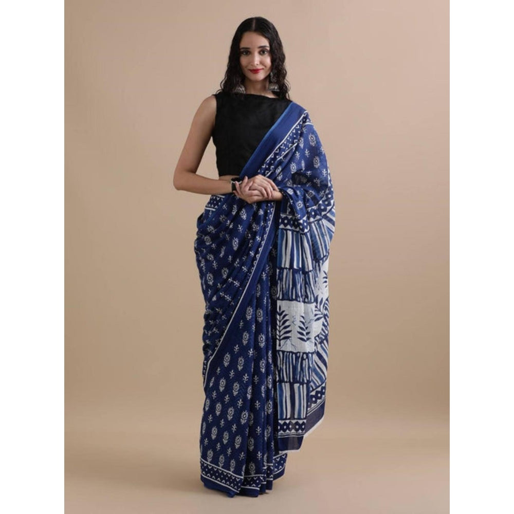 Isadora Life Womens Printed Blue Pre-Draped Saree With Unstitched Blouse