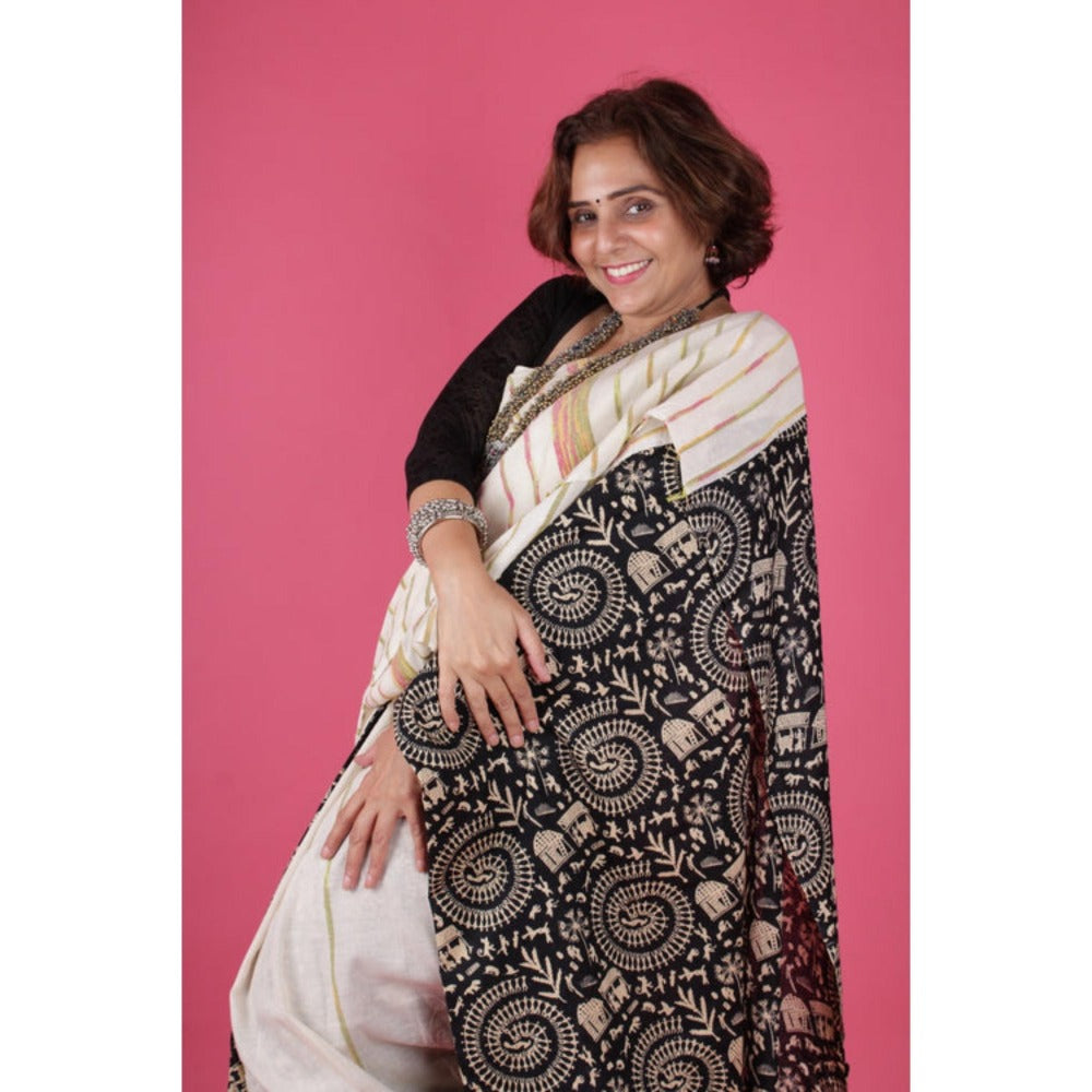 Isadora Life Womens Printed Stripes White Pre-Draped Saree With Unstitched Blouse