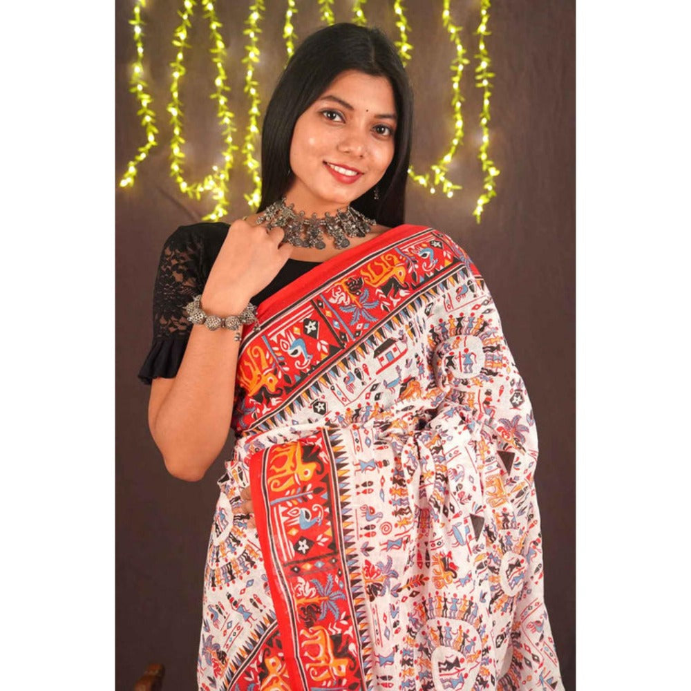 Isadora Life Womens Printed Beige Pre-Draped Saree With Unstitched Blouse