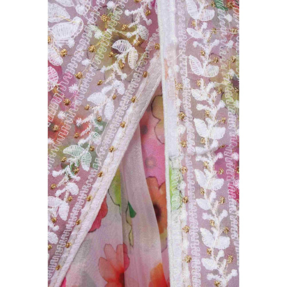 Isadora Life Womens Floral Embroidered White Pre-Draped Saree With Unstitched Blouse