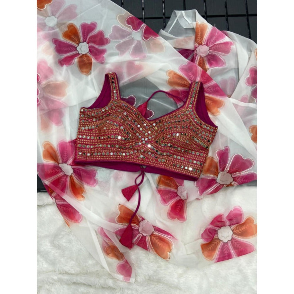 Isadora Life Womens Floral Printed White Pre-Draped Saree With Unstitched Blouse