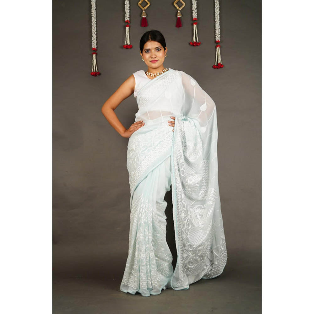 Isadora Life Womens Embroidered Chikankari Blue Pre-Draped Saree With Unstitched Blouse