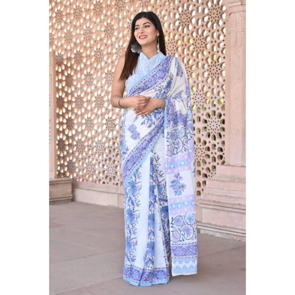 Isadora Life Womens Floral Printed White Pre-Draped Saree With Unstitched Blouse