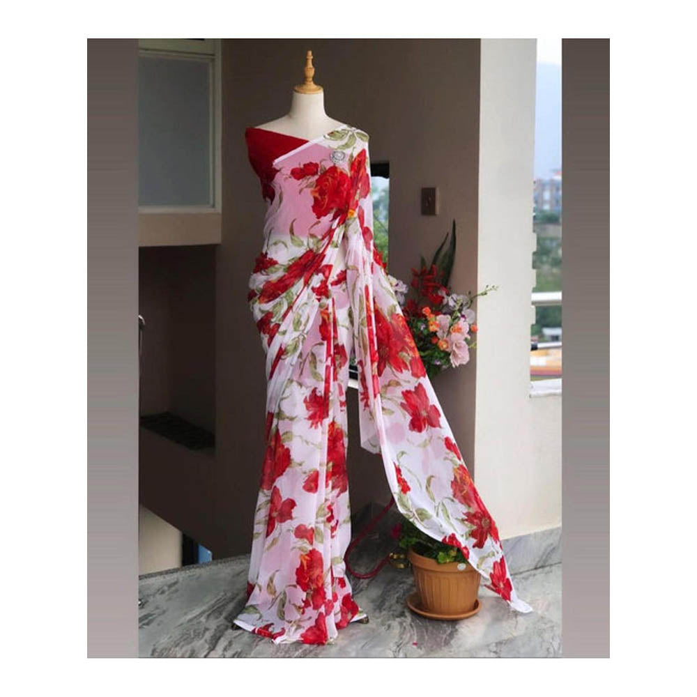 Isadora Life Womens Floral Printed White Pre-Draped Saree With Unstitched Blouse