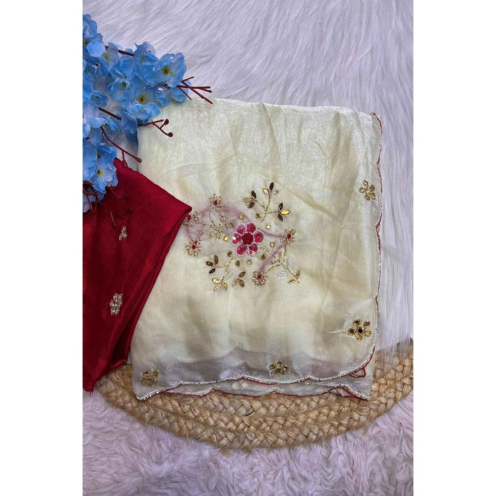 Isadora Life Womens Embroidered Sequined Off White Pre-Draped Saree With Unstitched Blouse