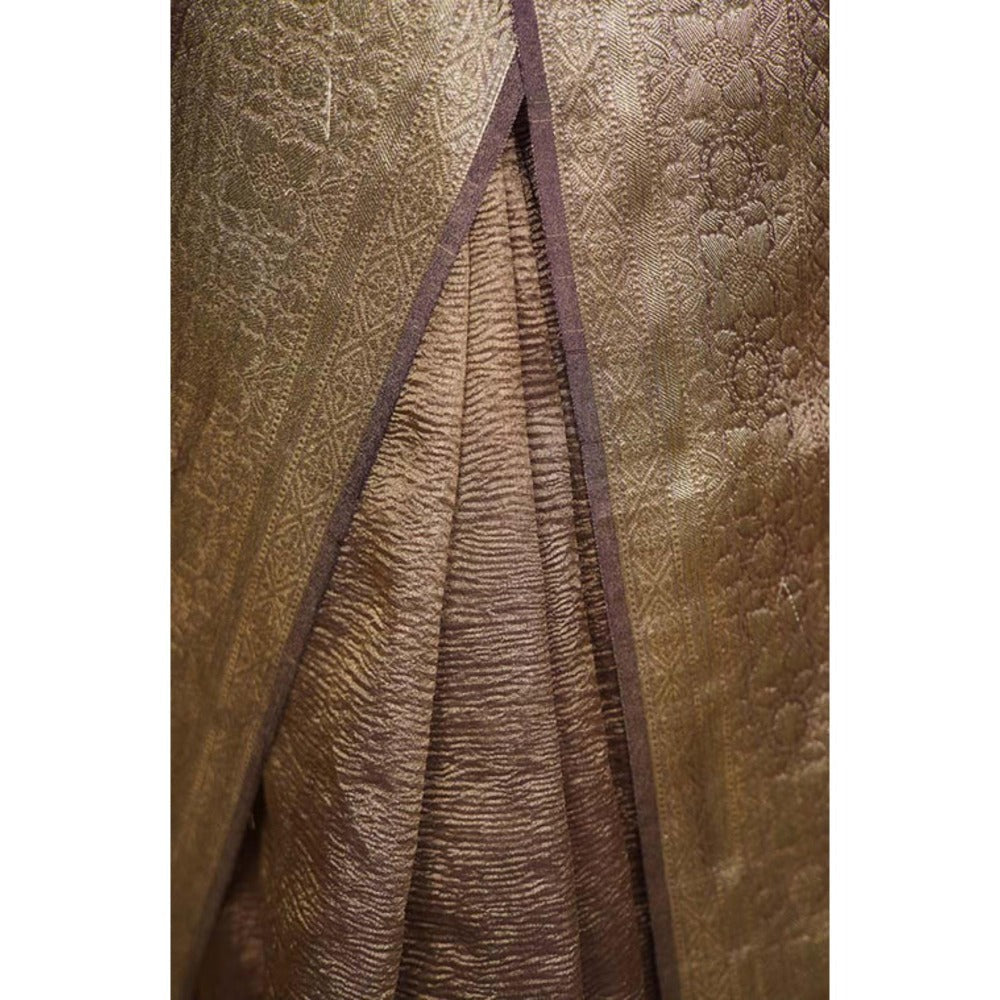 Isadora Life Womens Woven Zari Brown Pre-Draped Saree With Unstitched Blouse