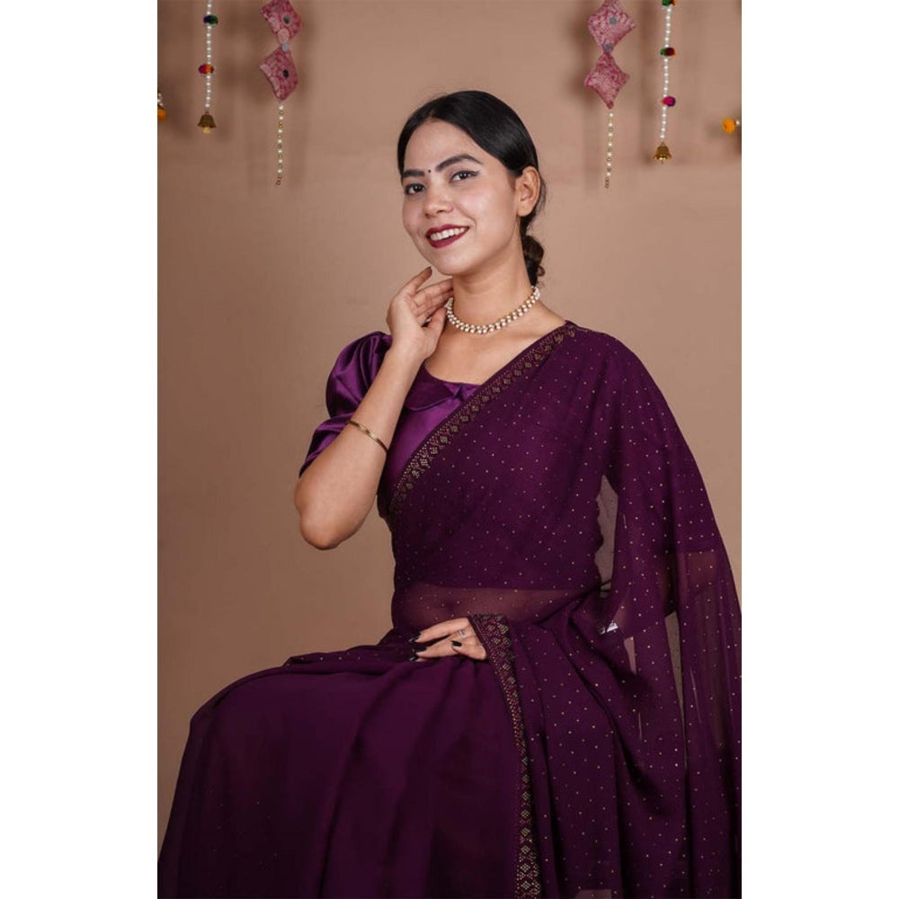 Isadora Life Womens Beads Sequined Purple Pre-Draped Saree With Unstitched Blouse