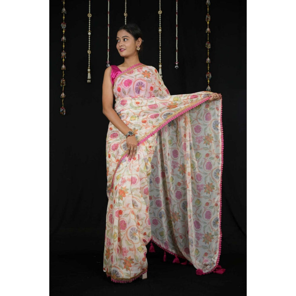 Isadora Life Womens Printed Tassels White Pre-Draped Saree With Unstitched Blouse