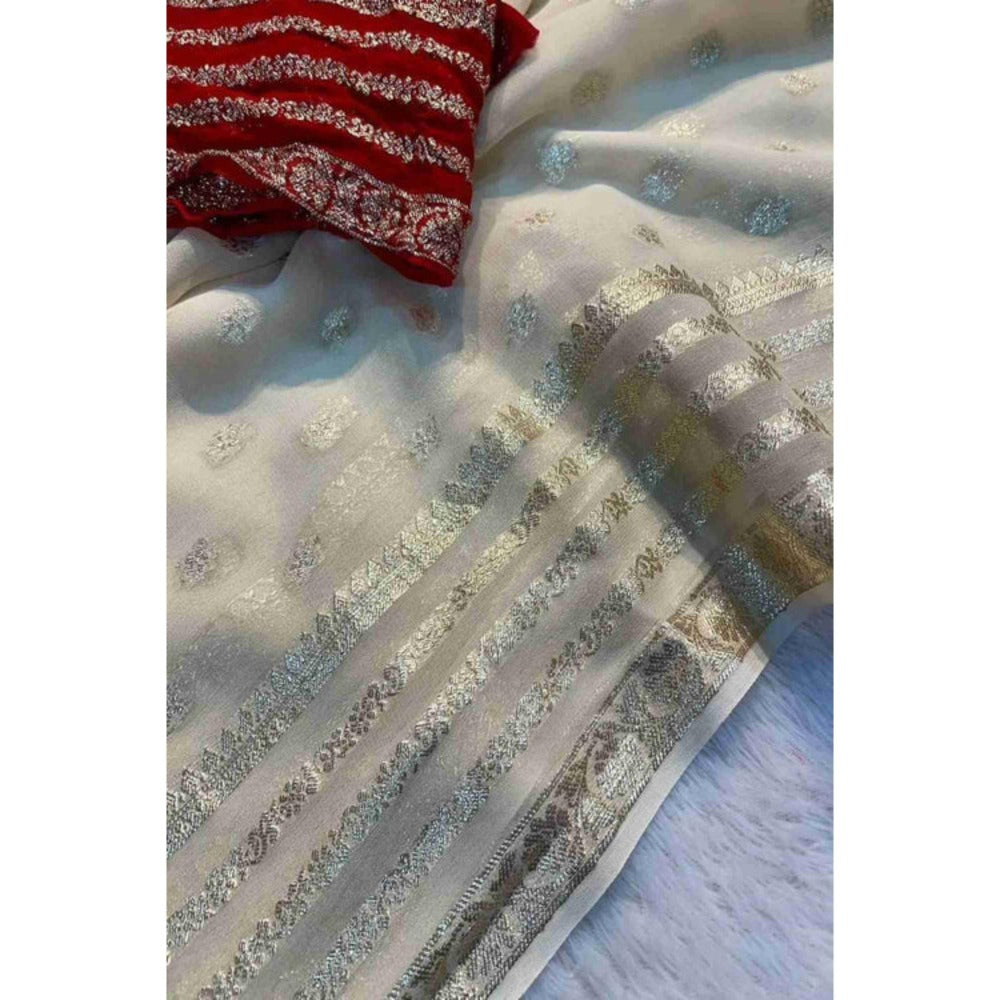 Isadora Life Womens Woven Zari Ivory Pre-Draped Saree With Unstitched Blouse