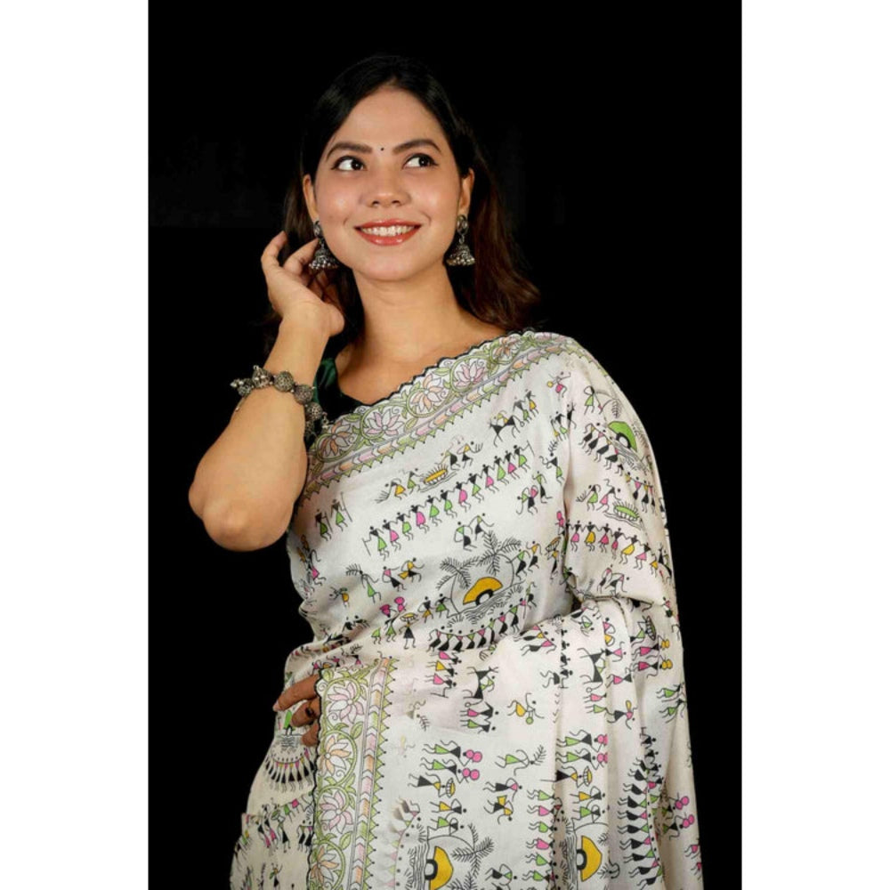 Isadora Life Womens Printed White Pre-Draped Saree With Unstitched Blouse