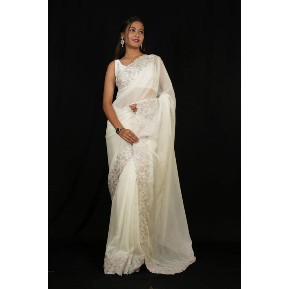 Isadora Life Womens Embroidered Thread Work White Pre-Draped Saree With Unstitched Blouse