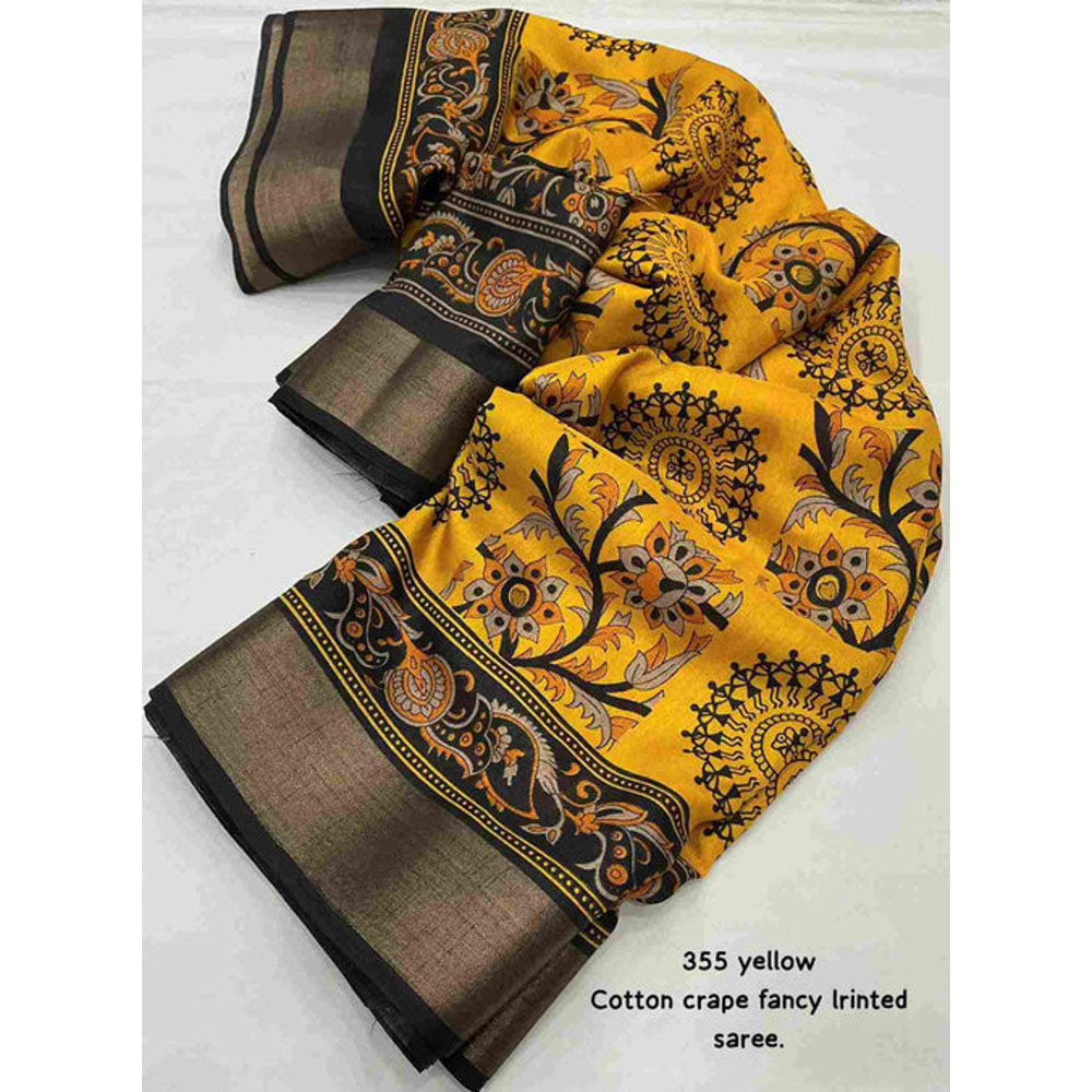 Isadora Life Womens Floral Printed Yellow Pre-Draped Saree With Unstitched Blouse