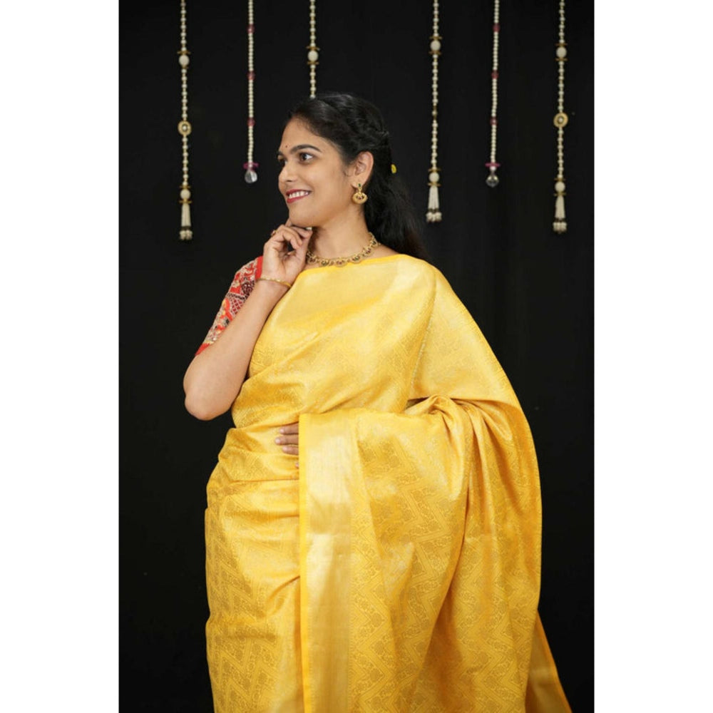 Isadora Life Womens Woven Zari Yellow Pre-Draped Saree With Unstitched Blouse