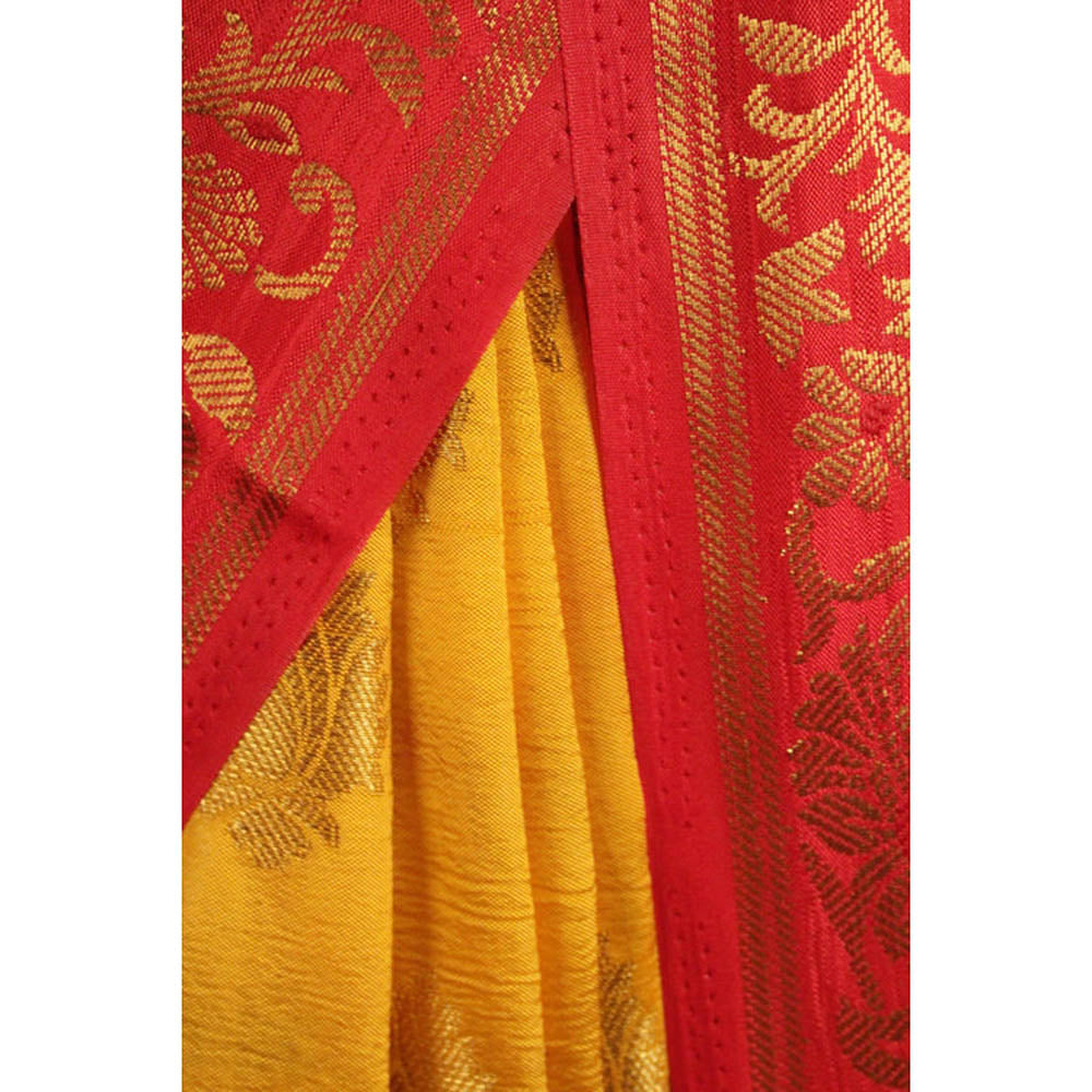 Isadora Life Womens Woven Tassels Yellow Pre-Draped Saree With Unstitched Blouse