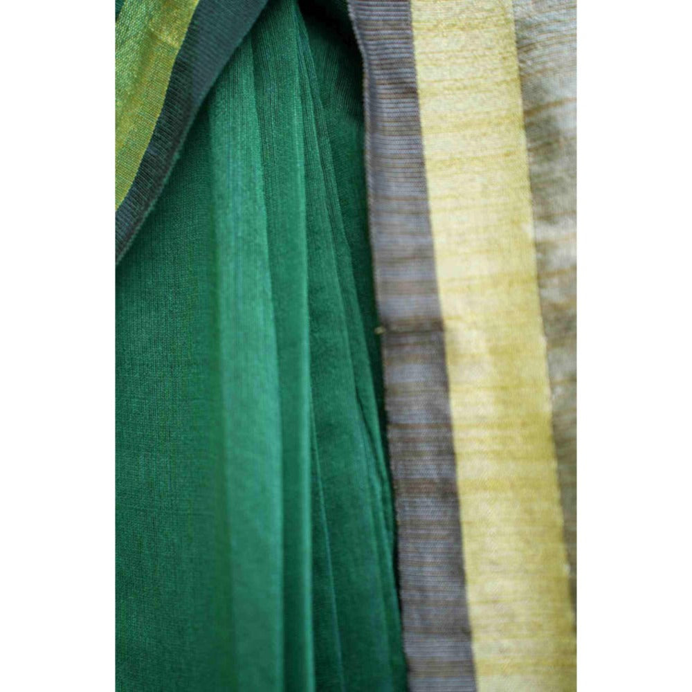 Isadora Life Womens Woven Tassels Green Pre-Draped Saree With Unstitched Blouse