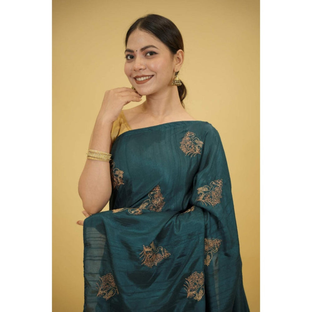 Isadora Life Womens Embroidered Tassels Teal Pre-Draped Saree With Unstitched Blouse