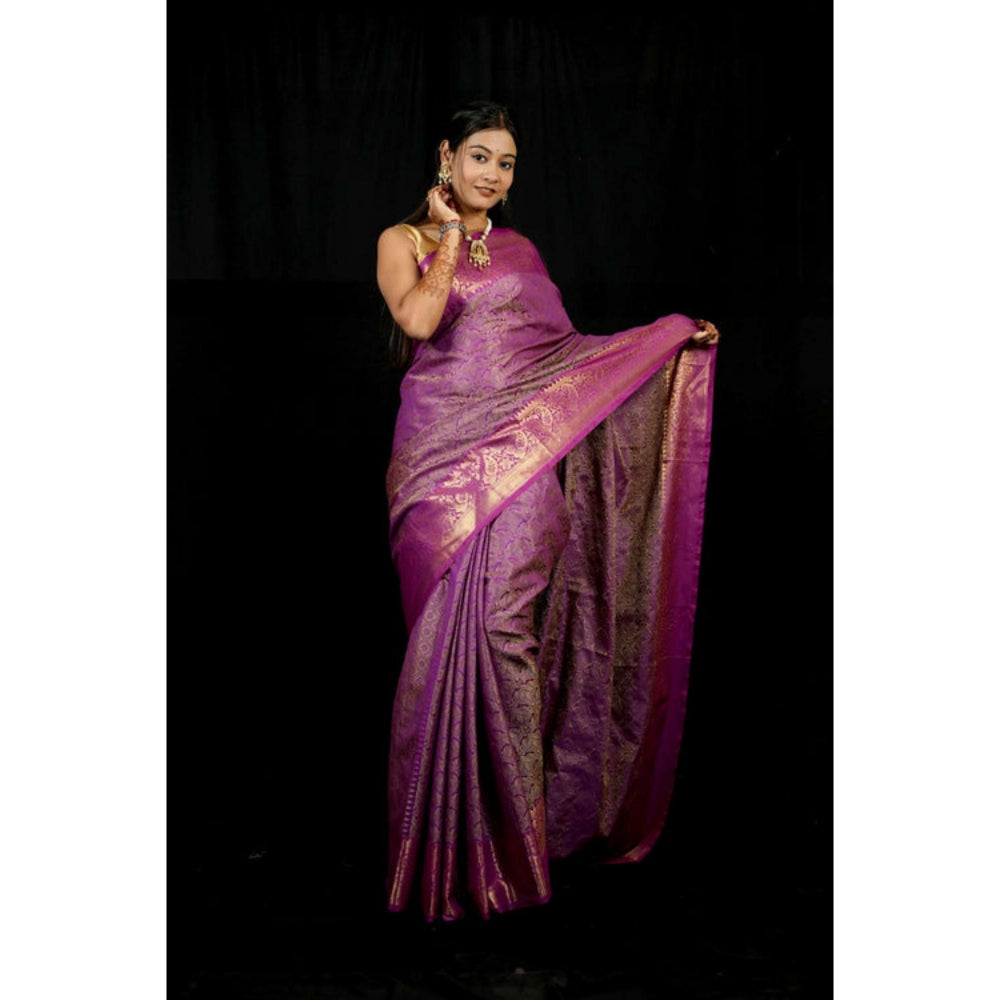 Isadora Life Womens Woven Zari Purple Pre-Draped Saree With Unstitched Blouse