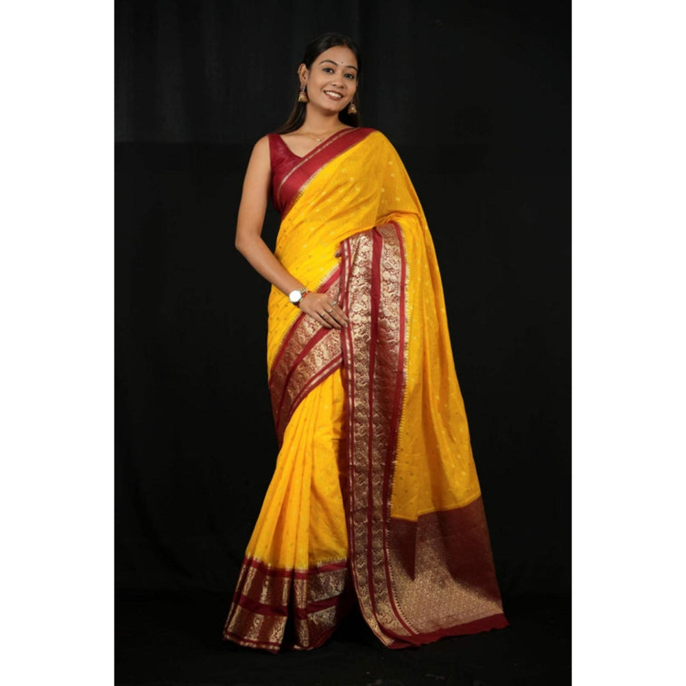 Isadora Life Womens Woven Zari Yellow Pre-Draped Saree With Unstitched Blouse
