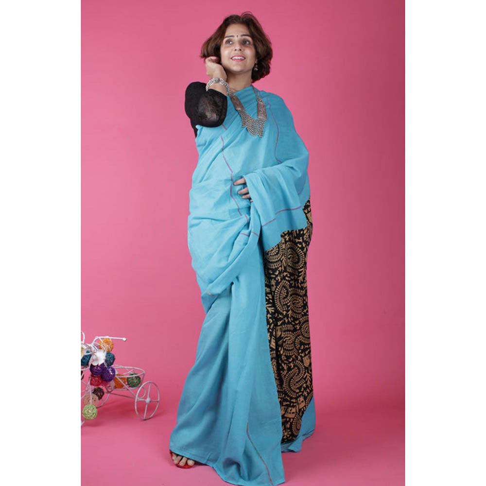 Isadora Life Womens Printed Blue Pre-Draped Saree With Unstitched Blouse