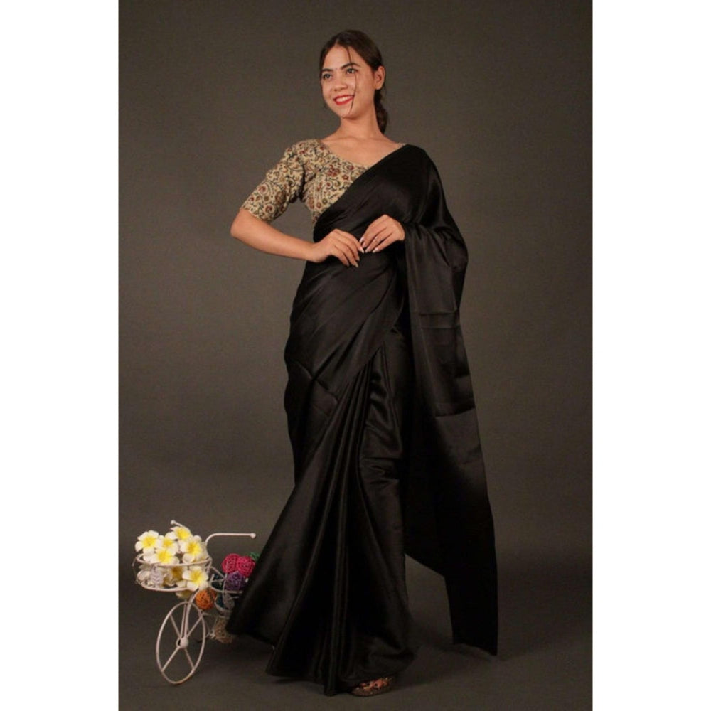 Isadora Life Womens Plain Black Pre-Draped Saree with Unstitched Blouse