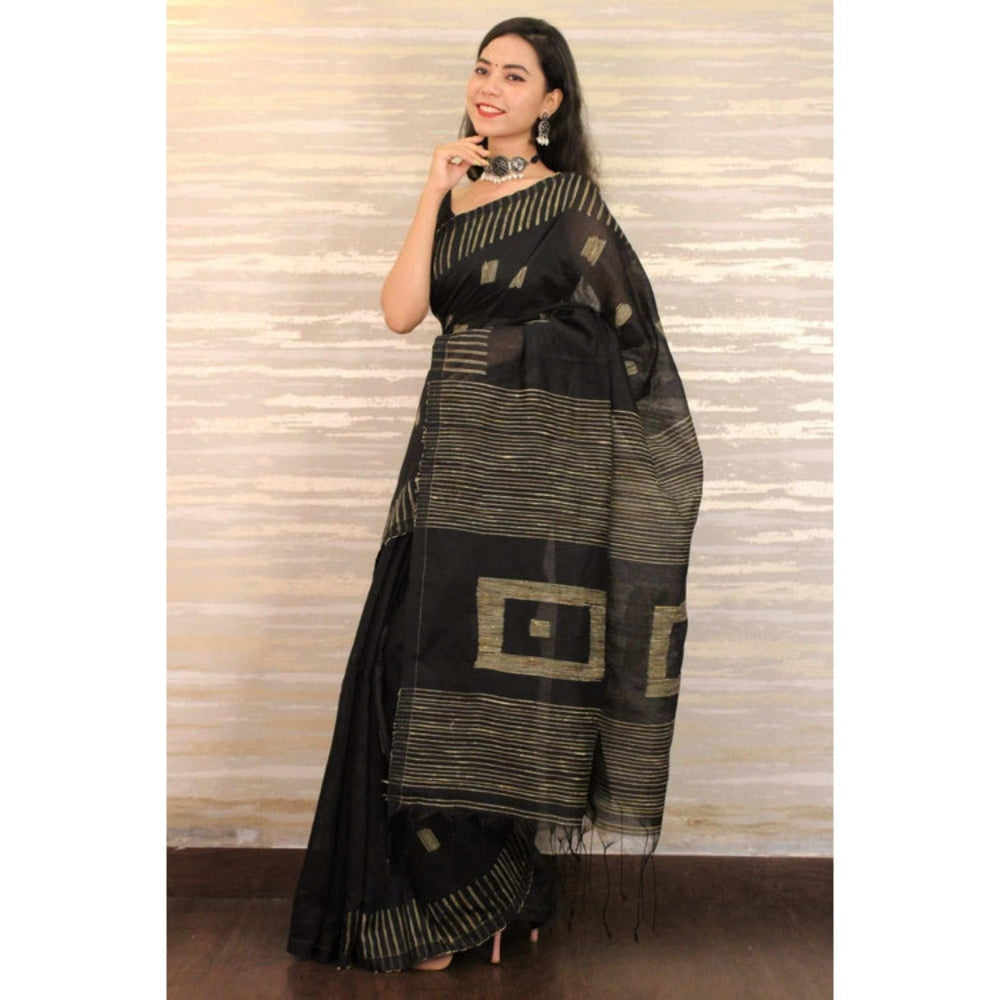 Isadora Life Womens Stripes Tassels Black Pre-Draped Saree with Unstitched Blouse