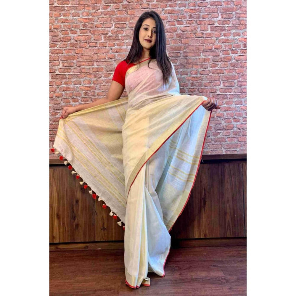 Isadora Life Womens Woven Tassels White Pre-Draped Saree With Unstitched Blouse