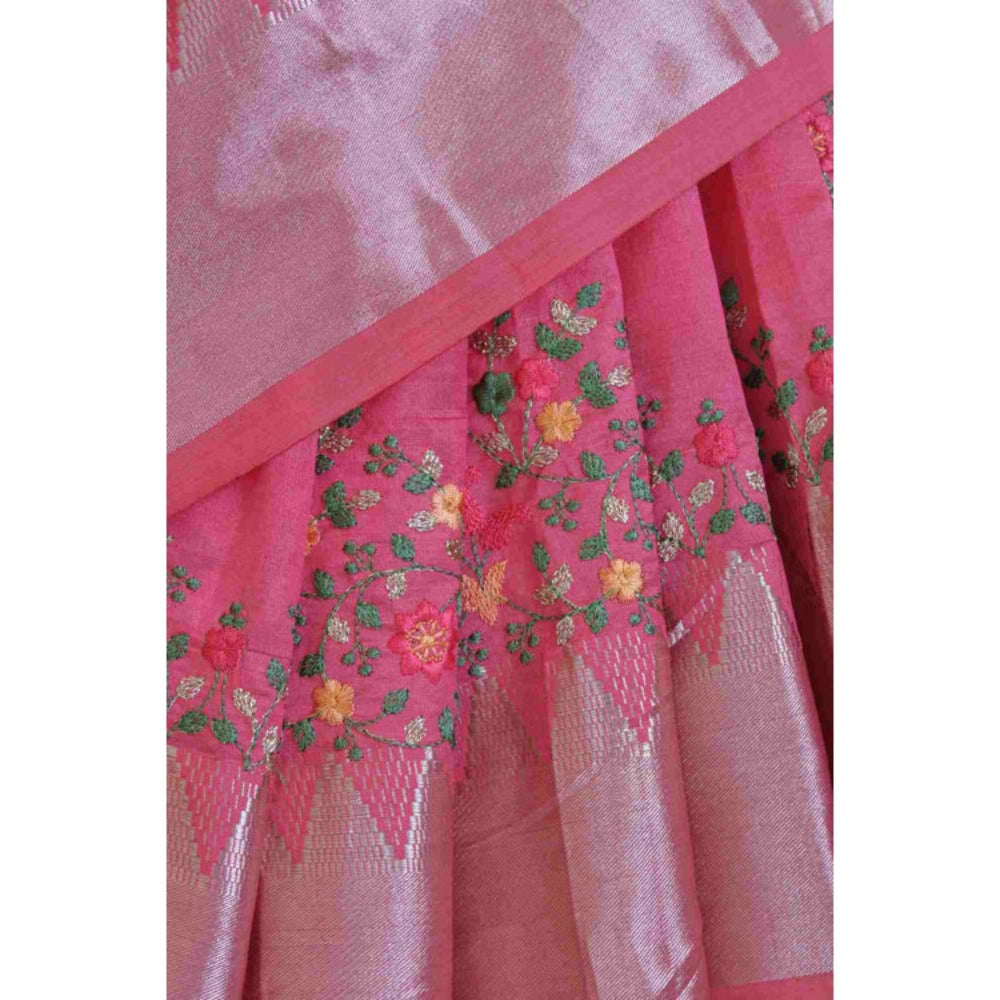 Isadora Life Womens Woven Embroidered Pink Pre-Draped Saree With Unstitched Blouse
